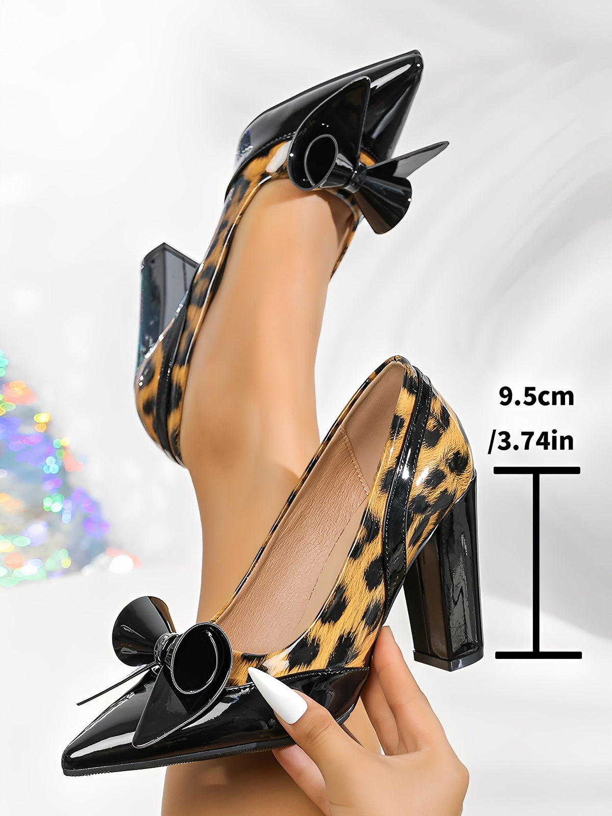 Chunky Heel Patent Leather Leopard Print Pointed Toe Pumps