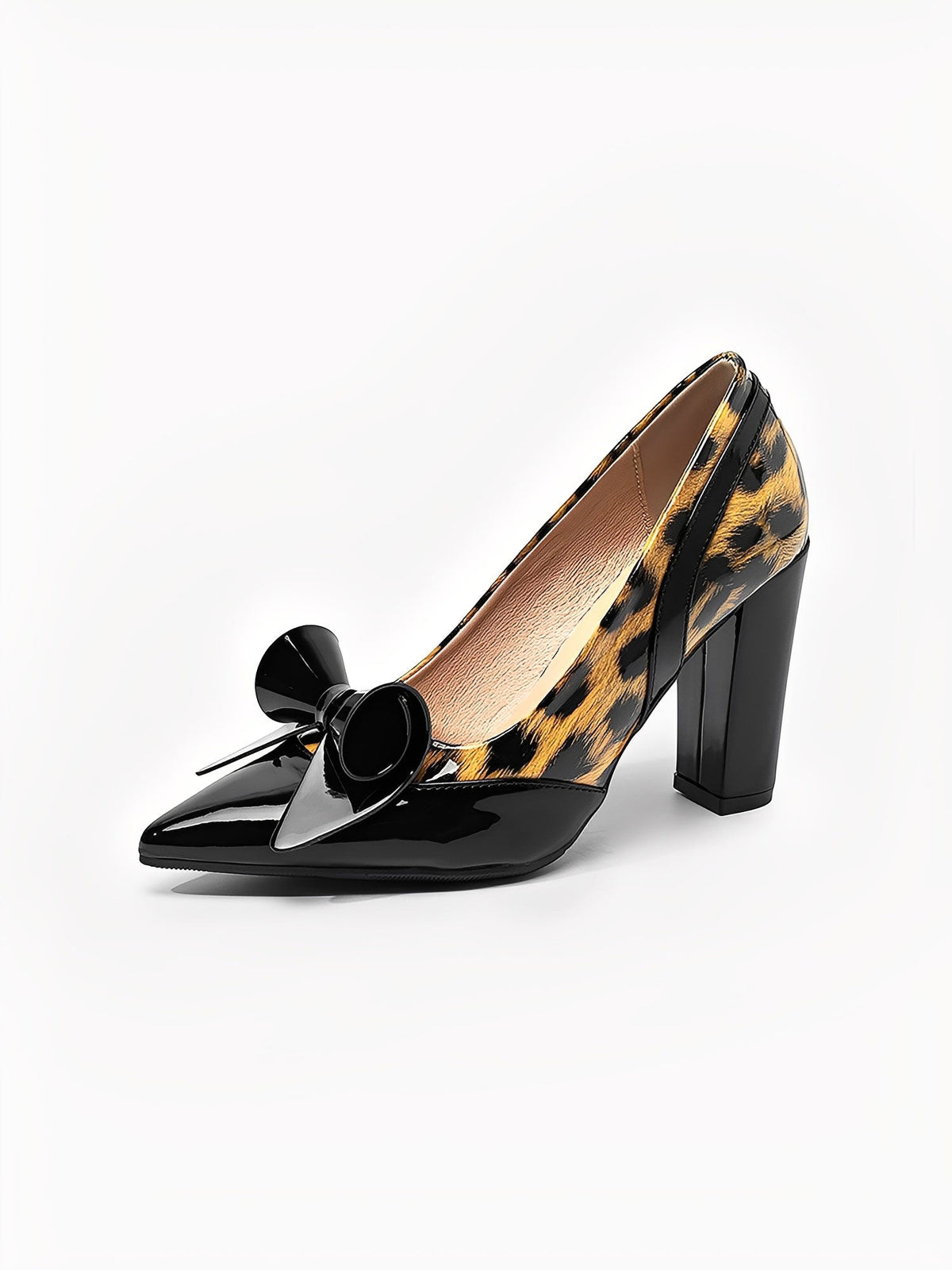 Chunky Heel Patent Leather Leopard Print Pointed Toe Pumps