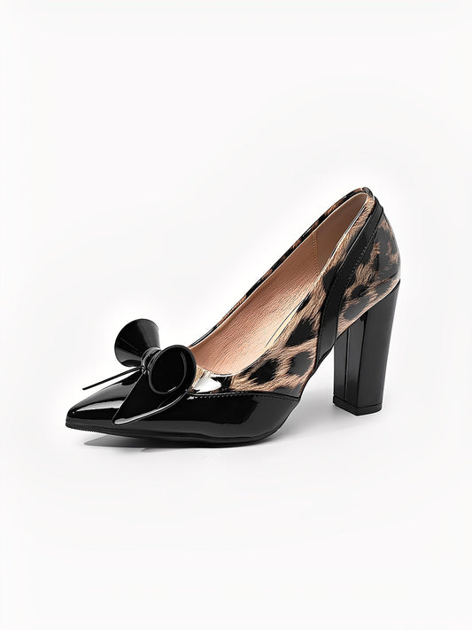 Chunky Heel Patent Leather Leopard Print Pointed Toe Pumps
