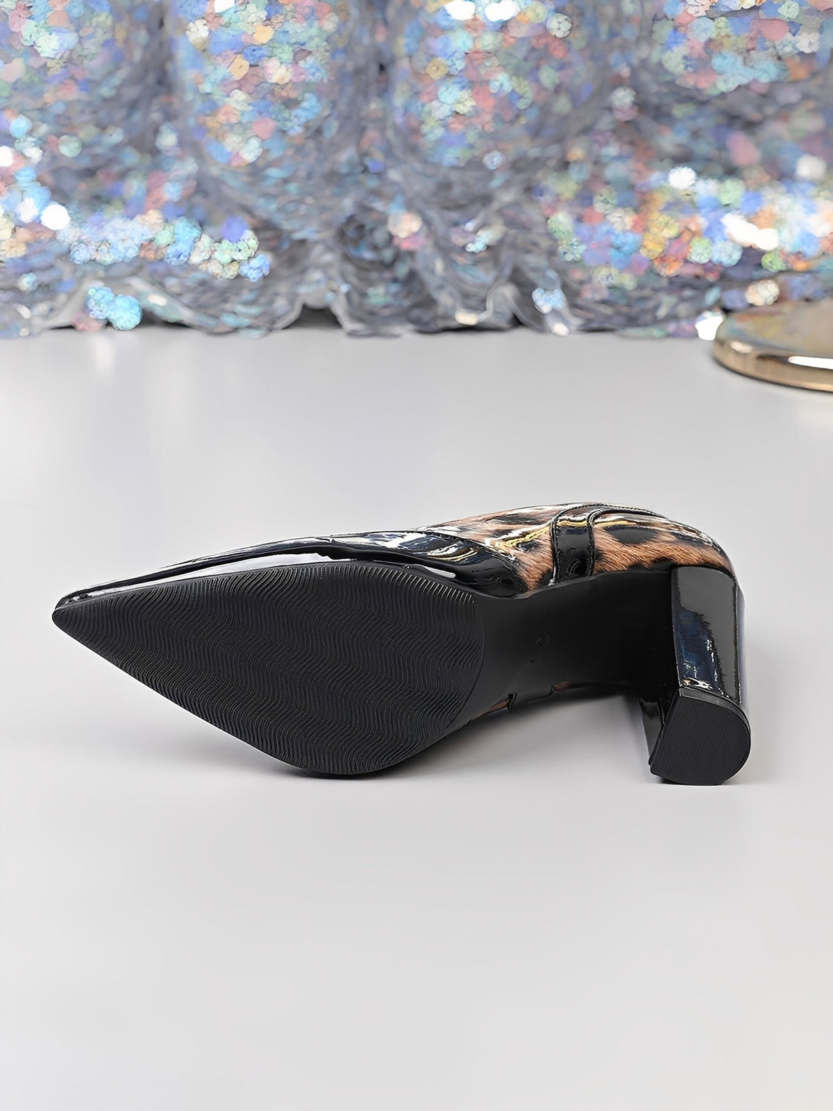 Chunky Heel Patent Leather Leopard Print Pointed Toe Pumps