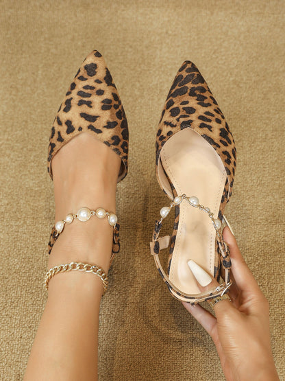 Leopard Pointed Toe Faux Pearl Strap Low Heel Slingback Mules