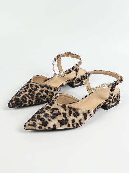 Leopard Pointed Toe Faux Pearl Strap Low Heel Slingback Mules