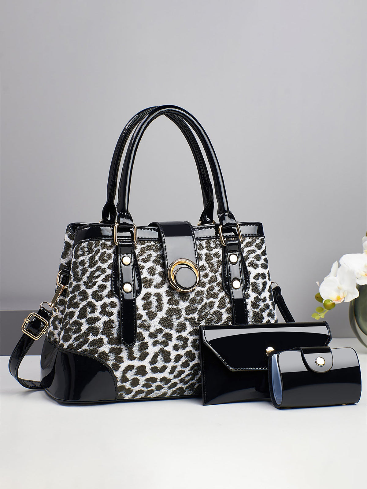3 Pieces Leopard Faux Leather Crossbody Shoulder Tote Bag & Card Holder & Purse Set