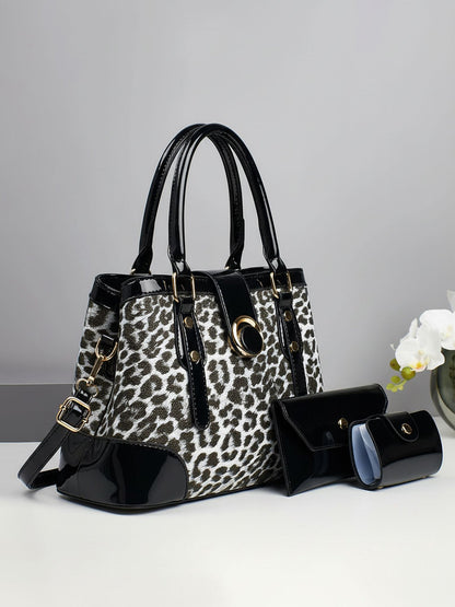 3 Pieces Leopard Faux Leather Crossbody Shoulder Tote Bag & Card Holder & Purse Set