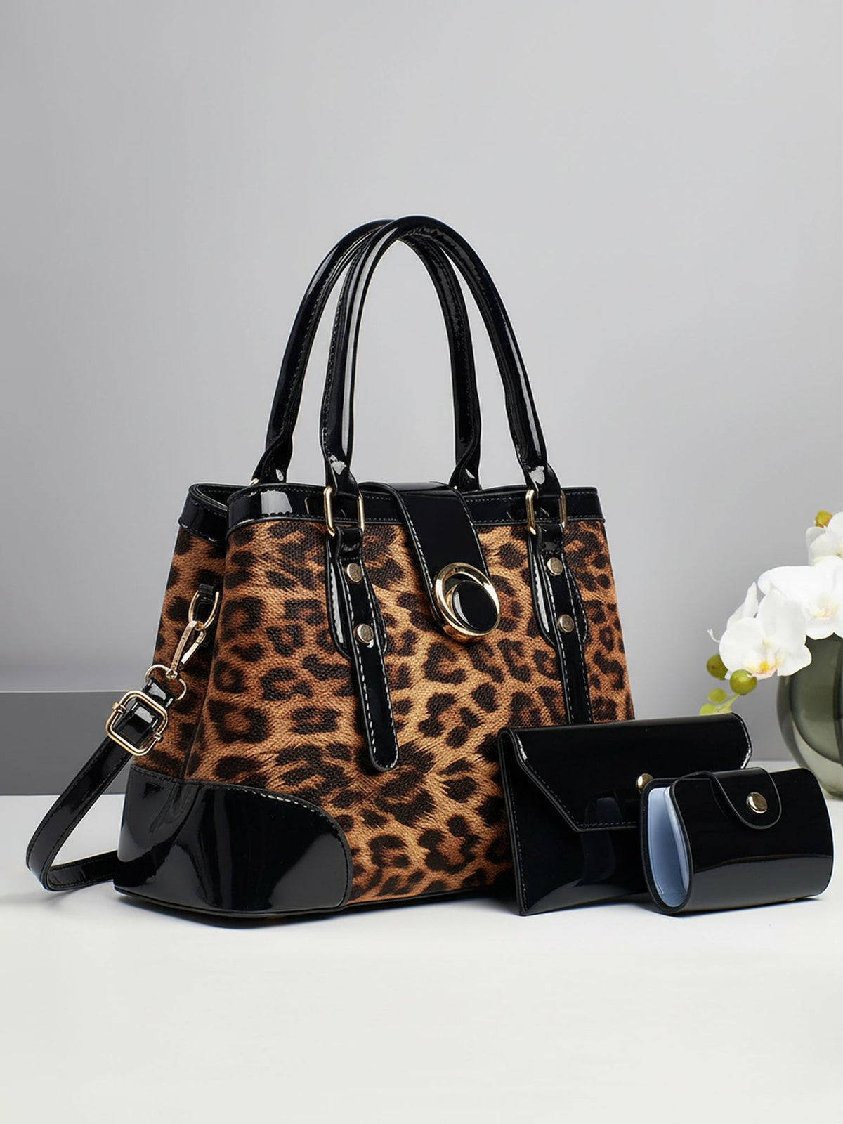 3 Pieces Leopard Faux Leather Crossbody Shoulder Tote Bag & Card Holder & Purse Set