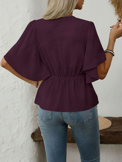 V-Neck Solid Color Flare Sleeve Casual Blouse