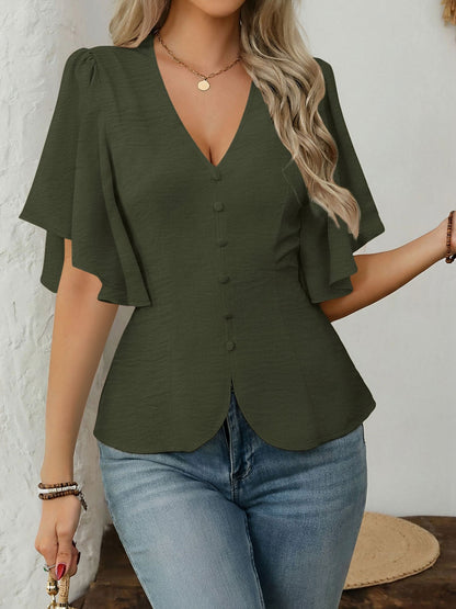V-Neck Solid Color Flare Sleeve Casual Blouse