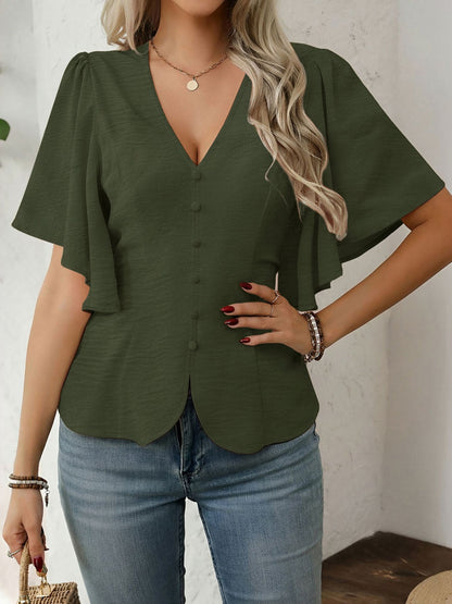 V-Neck Solid Color Flare Sleeve Casual Blouse