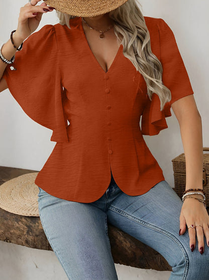 V-Neck Solid Color Flare Sleeve Casual Blouse