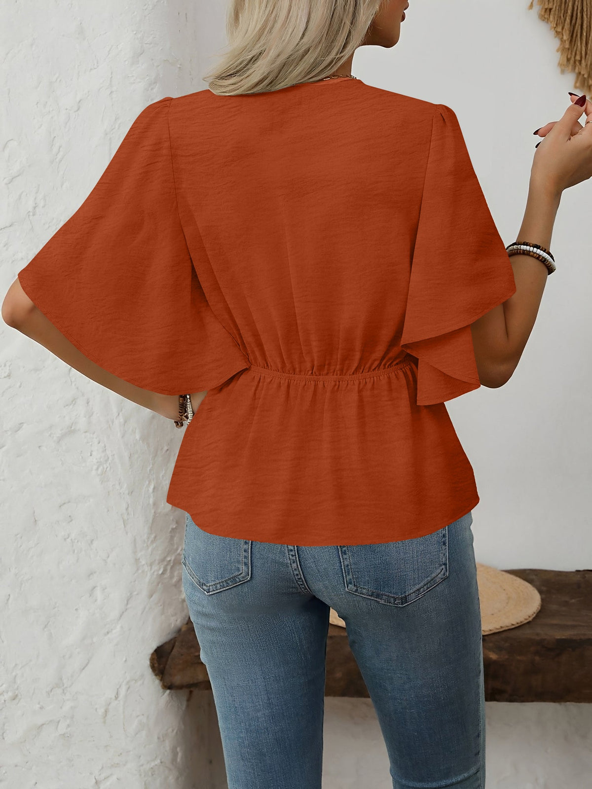 V-Neck Solid Color Flare Sleeve Casual Blouse