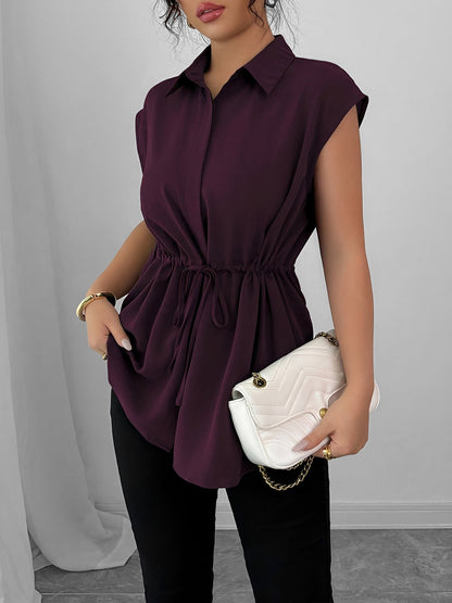 Collared Cap Sleeves Lace-Up Solid Color Blouse