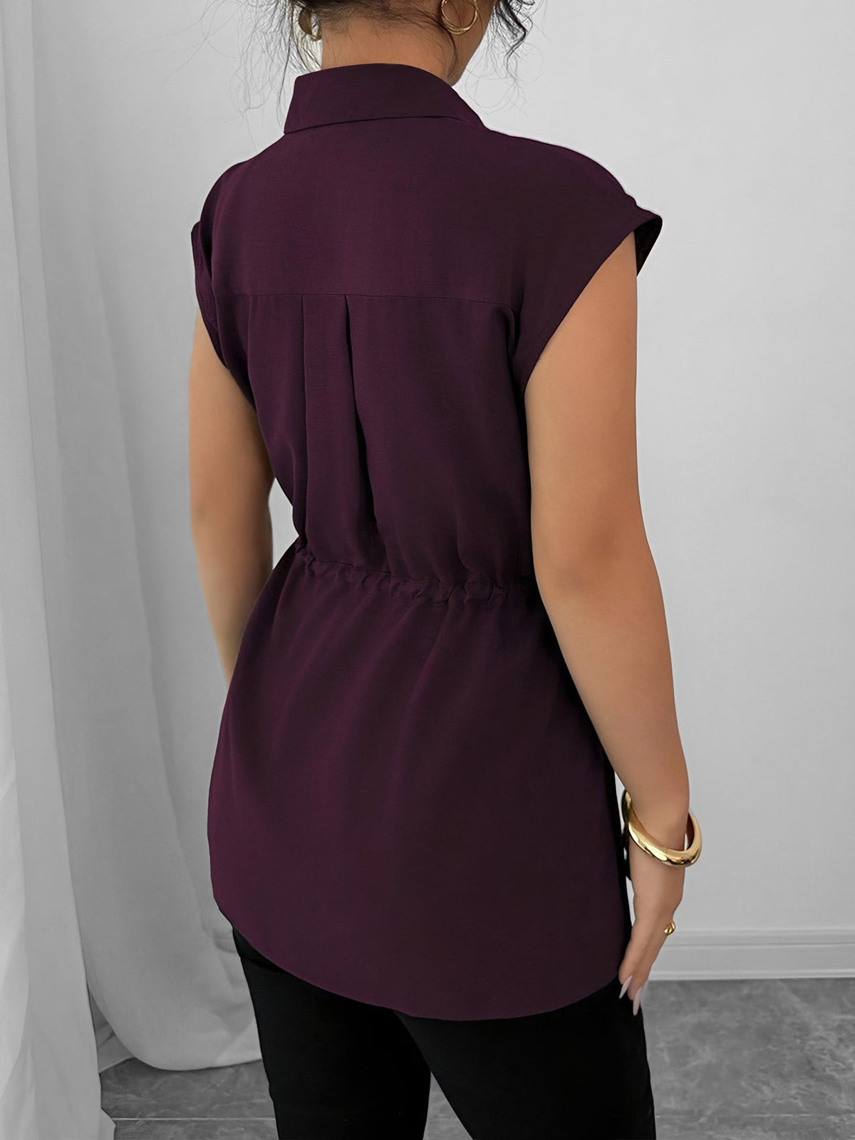 Collared Cap Sleeves Lace-Up Solid Color Blouse
