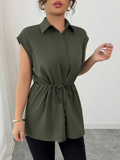 Collared Cap Sleeves Lace-Up Solid Color Blouse