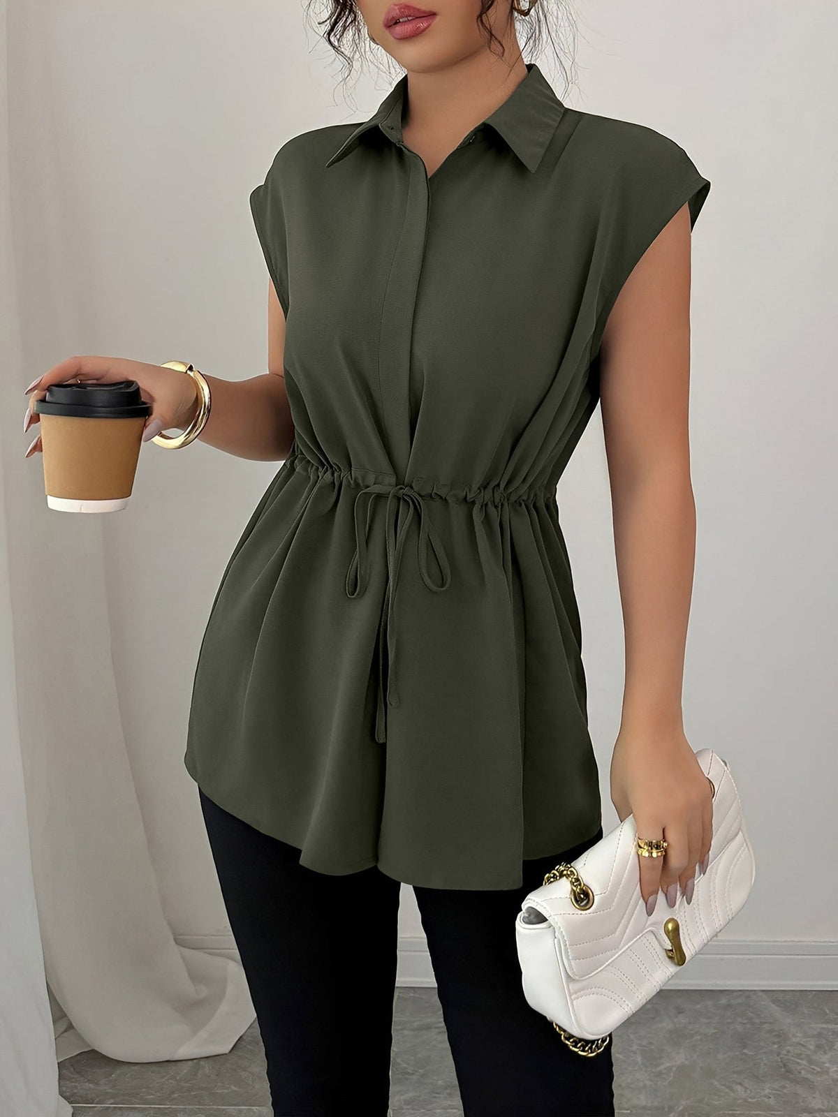 Collared Cap Sleeves Lace-Up Solid Color Blouse