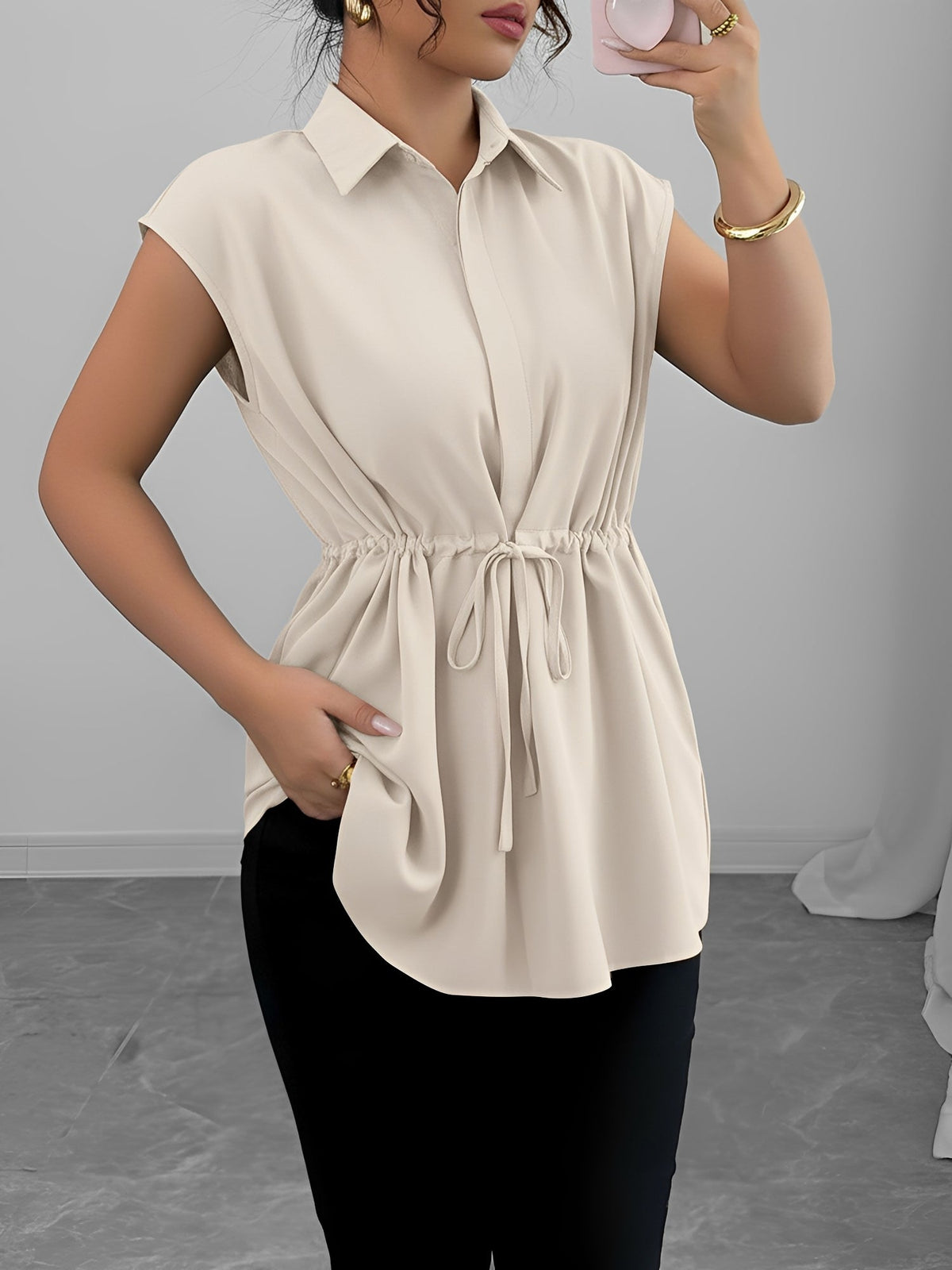 Collared Cap Sleeves Lace-Up Solid Color Blouse