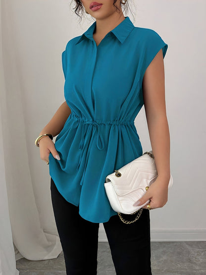 Collared Cap Sleeves Lace-Up Solid Color Blouse
