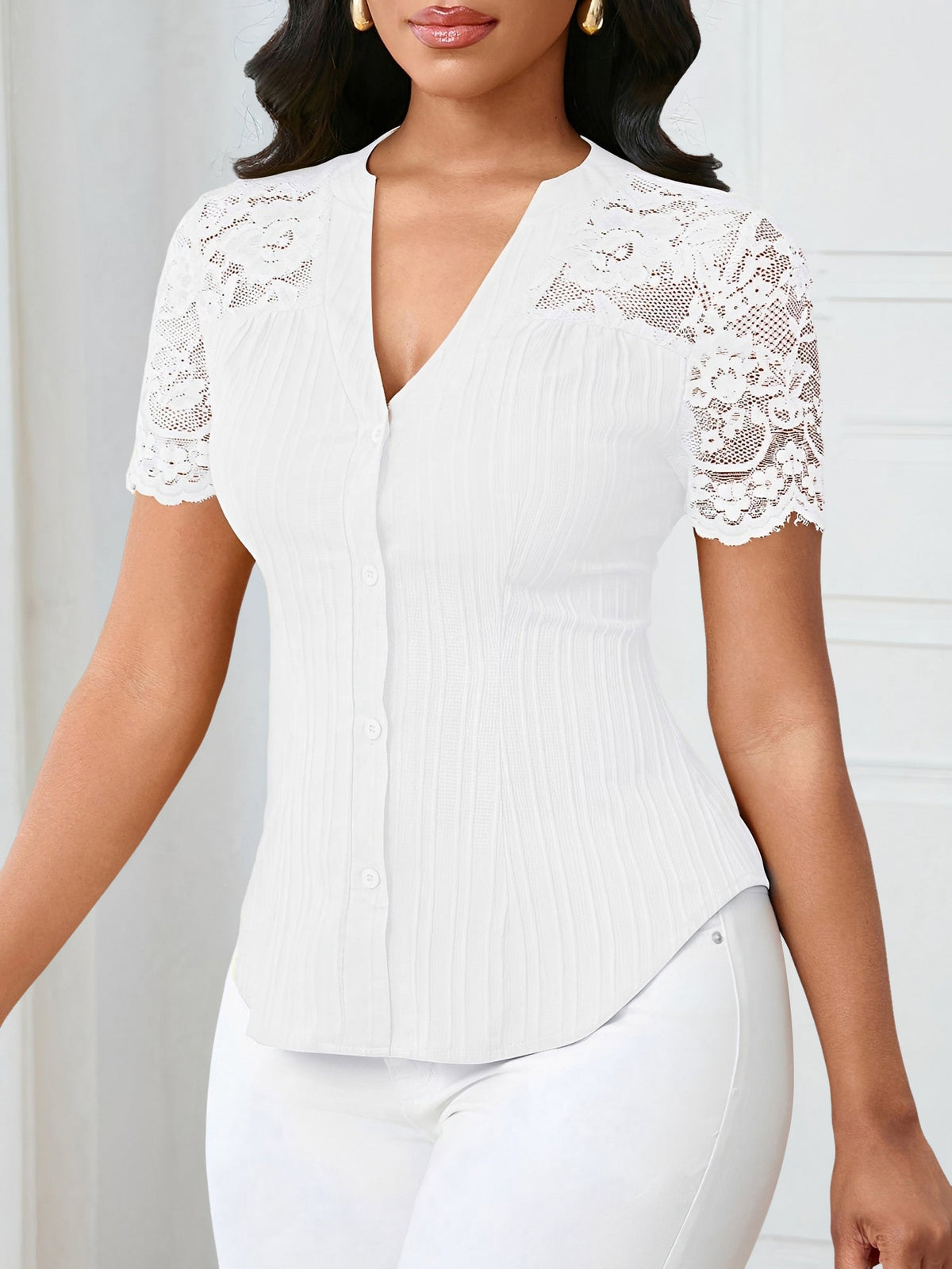 Lace Patchwork Short Sleeves Casual Blouse