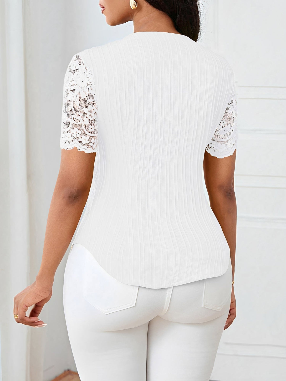 Lace Patchwork Short Sleeves Casual Blouse