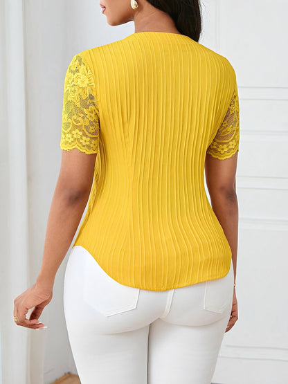 Lace Patchwork Short Sleeves Casual Blouse