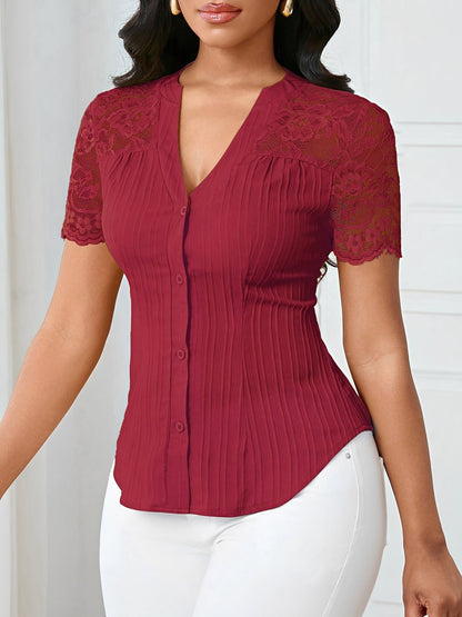 Lace Patchwork Short Sleeves Casual Blouse