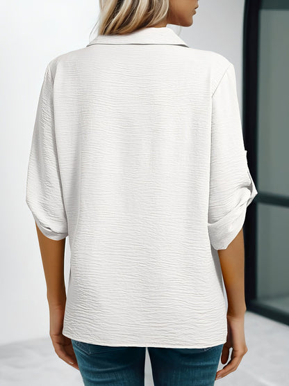 Solid Color Collared V Neck 3/4 Sleeve Versatile Blouse
