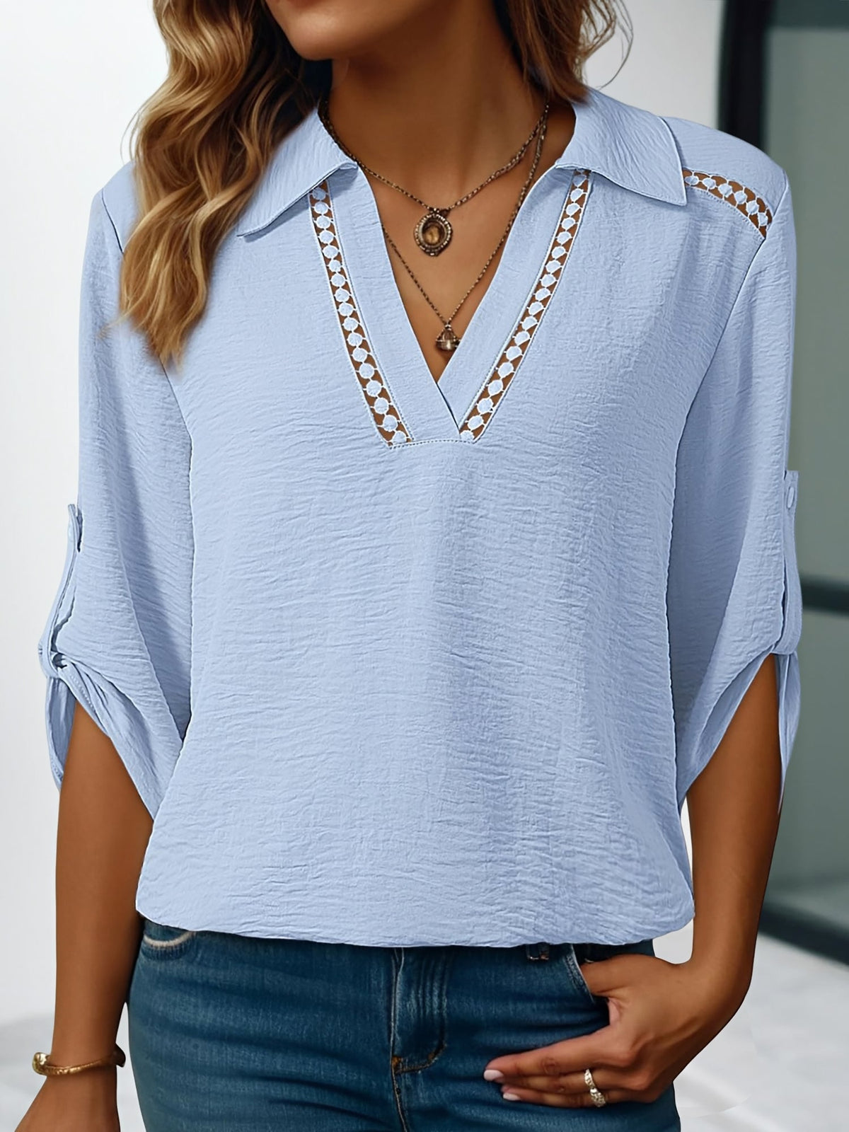 Solid Color Collared V Neck 3/4 Sleeve Versatile Blouse