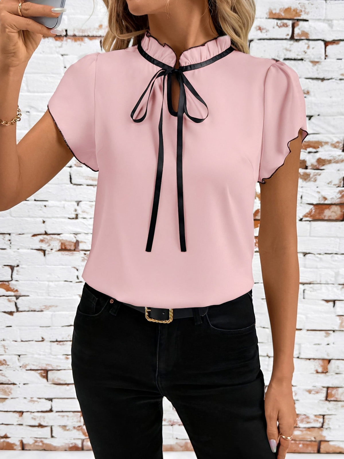 Ruffled Neck Lace-Up Colorblock Short Sleeves Blouse