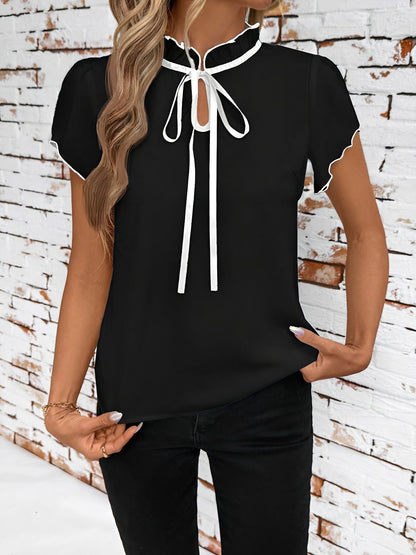 Ruffled Neck Lace-Up Colorblock Short Sleeves Blouse