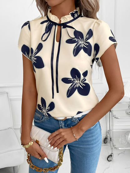 Ruffled Neck Lace-Up Floral Blouse