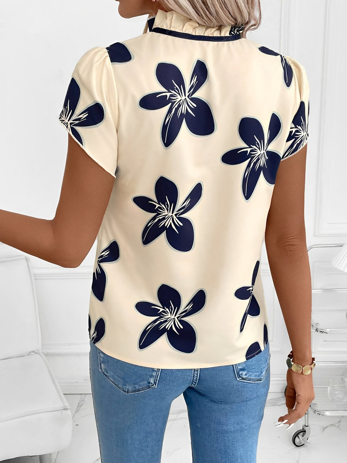 Ruffled Neck Lace-Up Floral Blouse