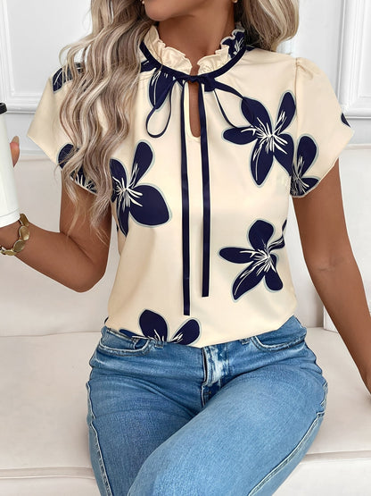 Ruffled Neck Lace-Up Floral Blouse