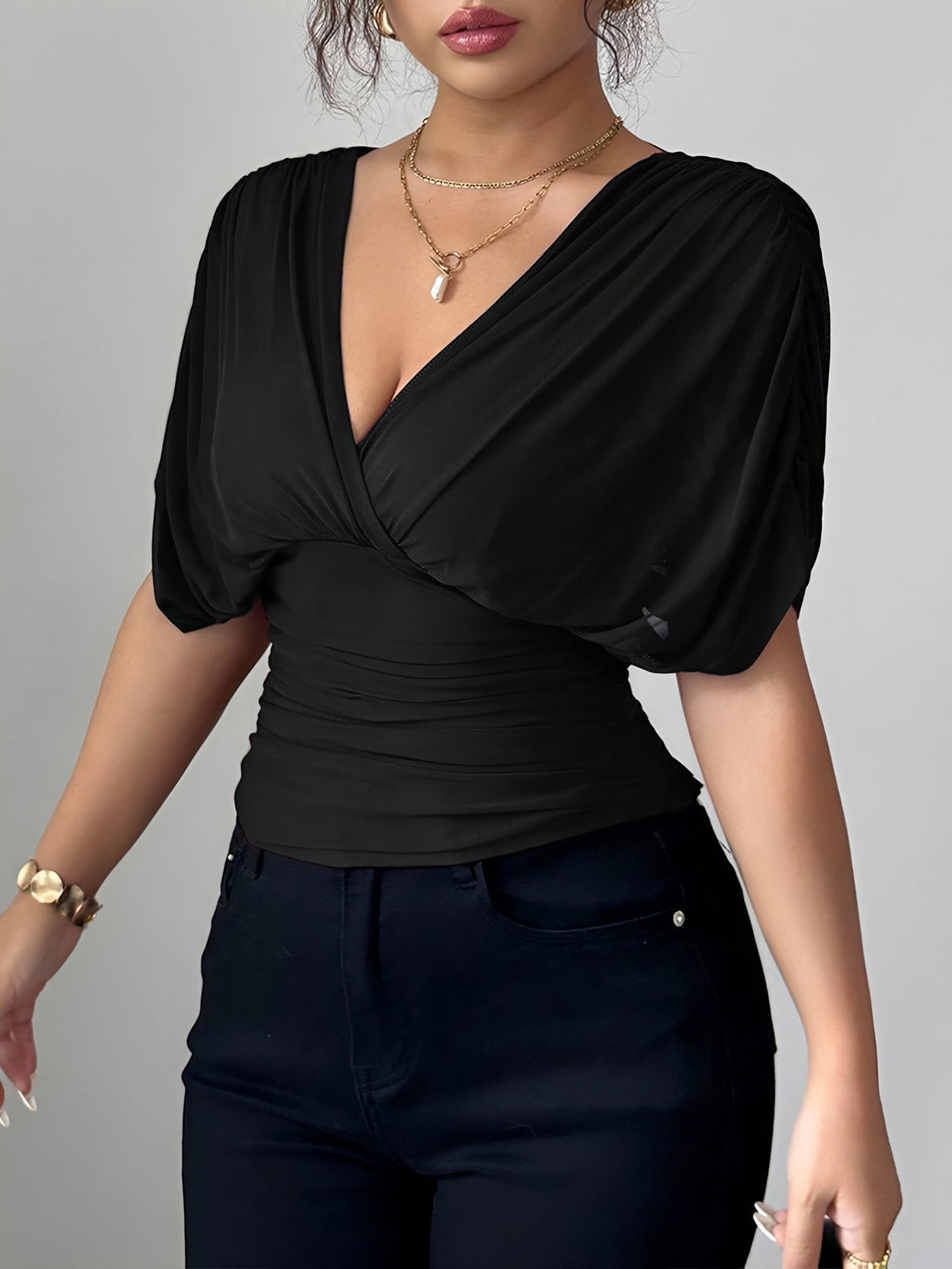 Ruched Smocked Waist Backless Lace-Up Blouse