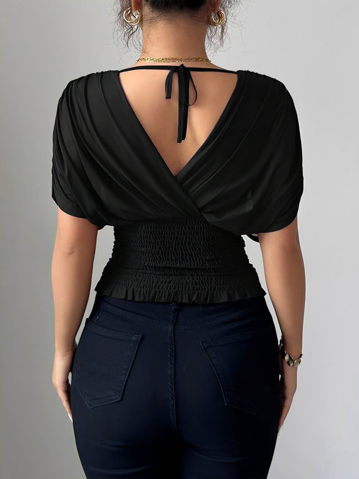 Ruched Smocked Waist Backless Lace-Up Blouse