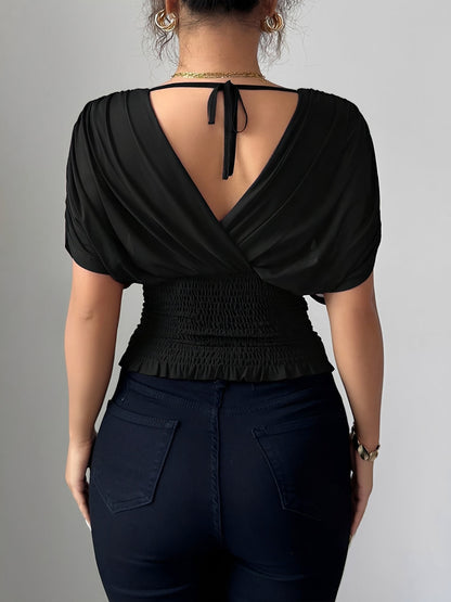 Ruched Smocked Waist Backless Lace-Up Blouse