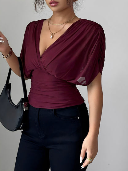 Ruched Smocked Waist Backless Lace-Up Blouse