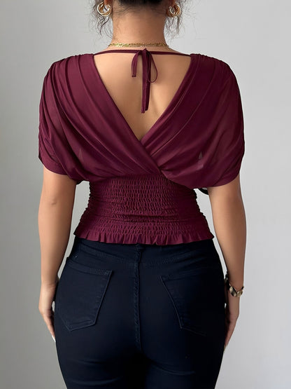 Ruched Smocked Waist Backless Lace-Up Blouse