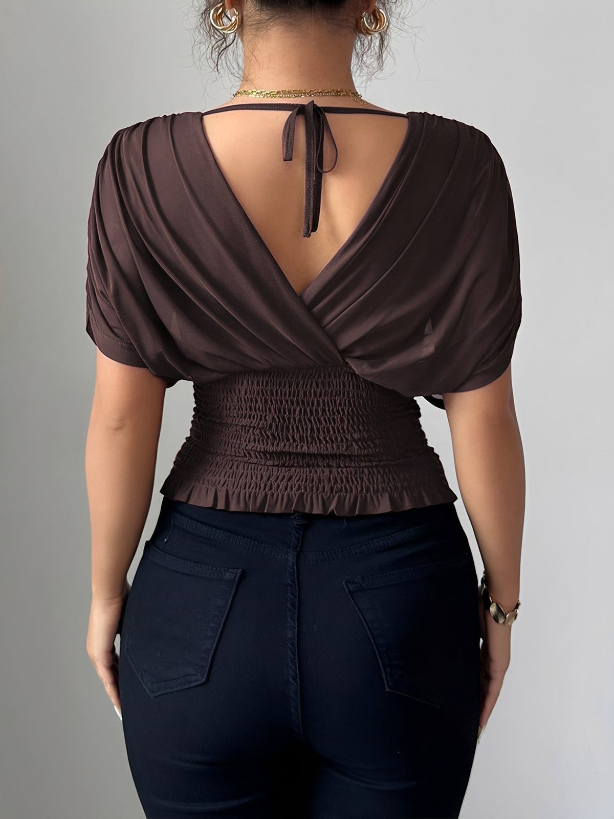 Ruched Smocked Waist Backless Lace-Up Blouse