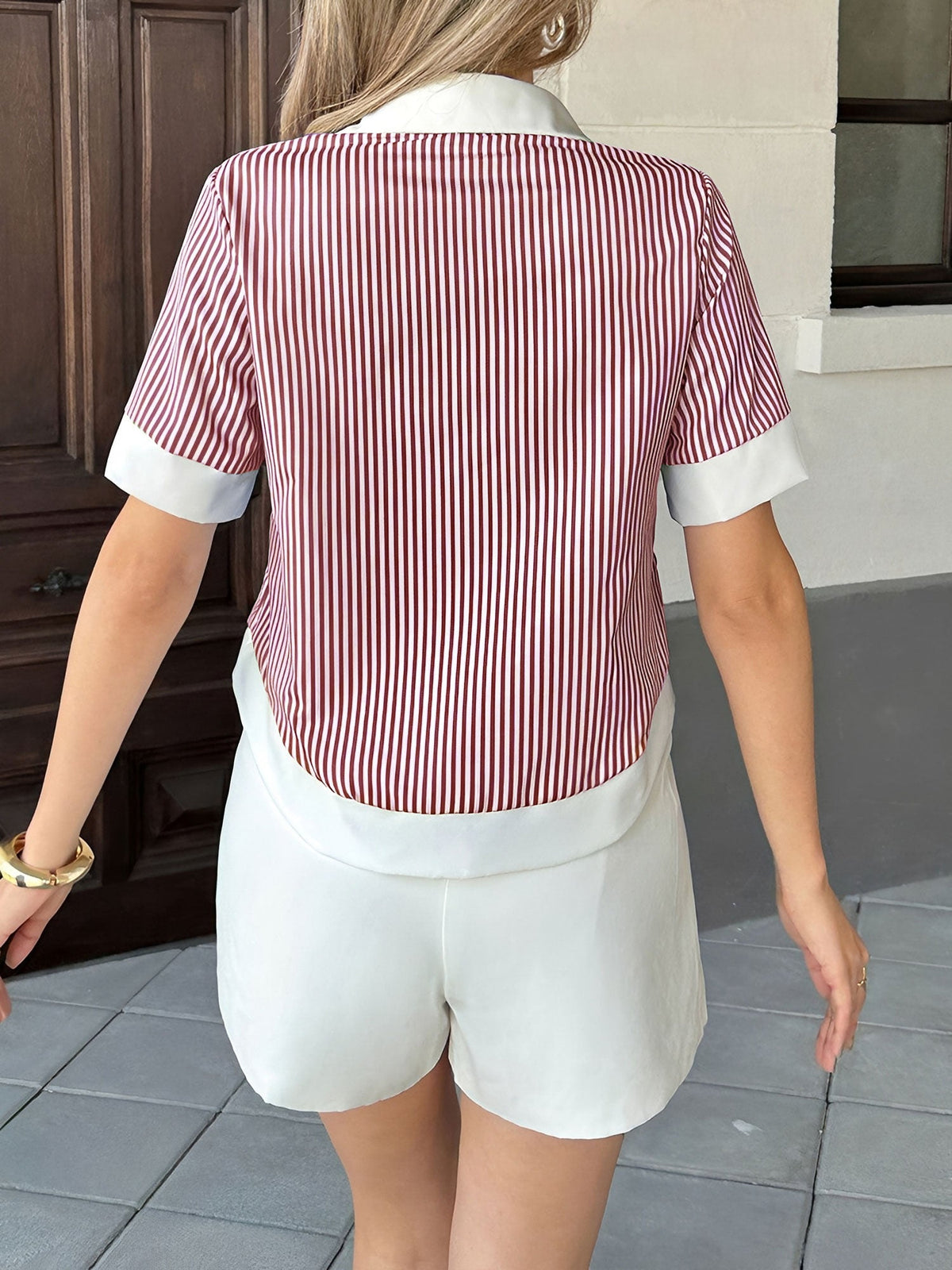 Colorblock Stripe Collared Short Sleeves Cropped Blouse