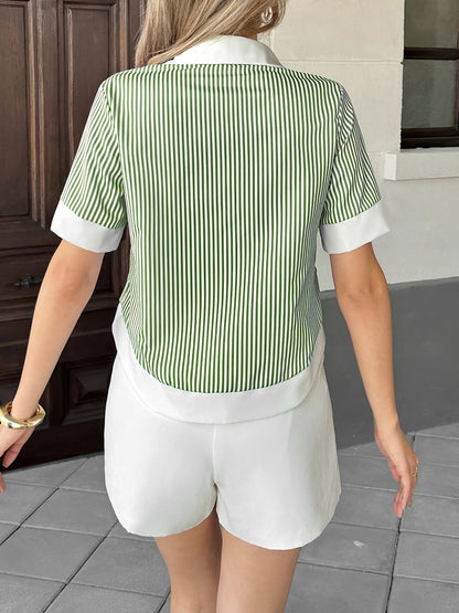 Colorblock Stripe Collared Short Sleeves Cropped Blouse