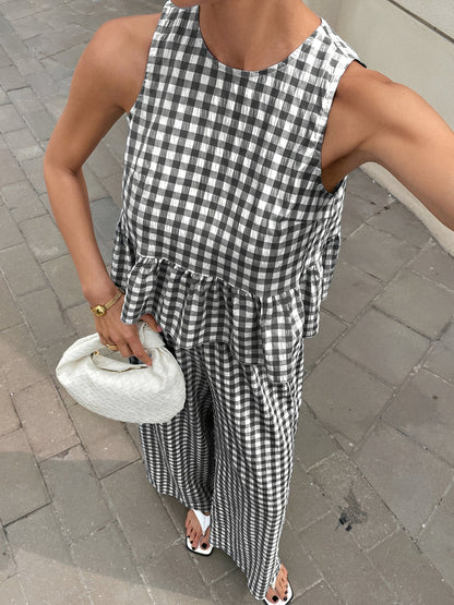 2 Pieces Gingham Crew Neck Sleeveless Ruffled Hem Top & Wide Leg Trousers Pants Set
