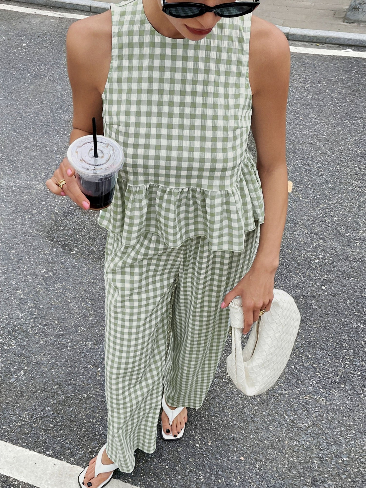 2 Pieces Gingham Crew Neck Sleeveless Ruffled Hem Top & Wide Leg Trousers Pants Set
