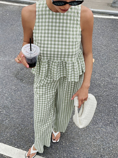 2 Pieces Gingham Crew Neck Sleeveless Ruffled Hem Top & Wide Leg Trousers Pants Set