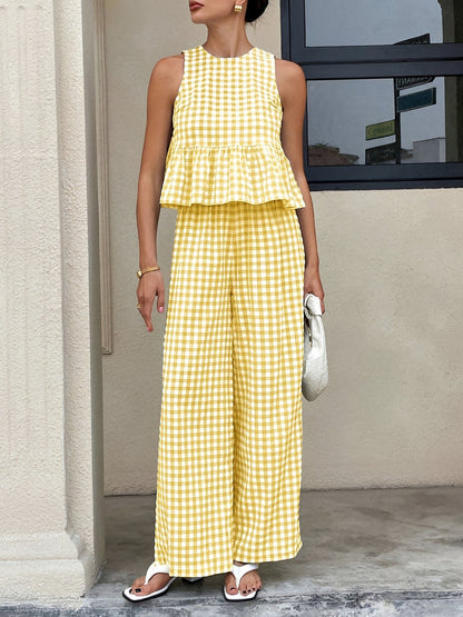 2 Pieces Gingham Crew Neck Sleeveless Ruffled Hem Top & Wide Leg Trousers Pants Set