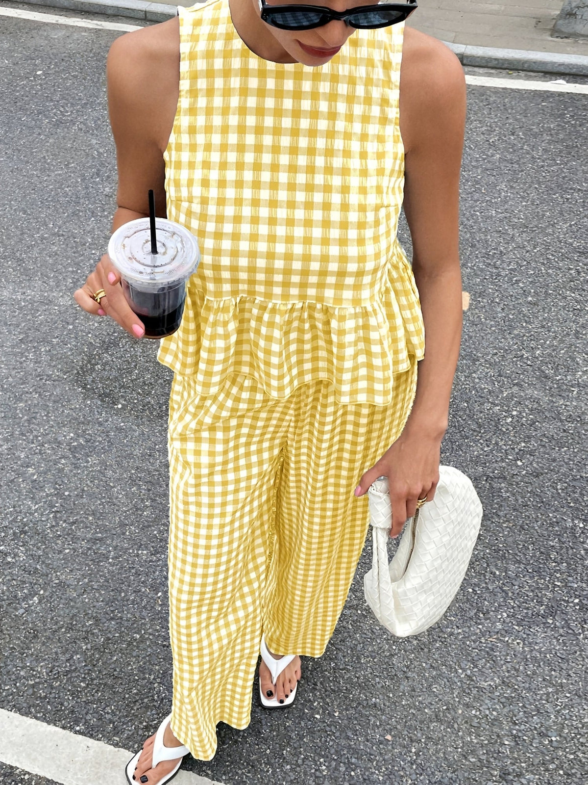 2 Pieces Gingham Crew Neck Sleeveless Ruffled Hem Top & Wide Leg Trousers Pants Set