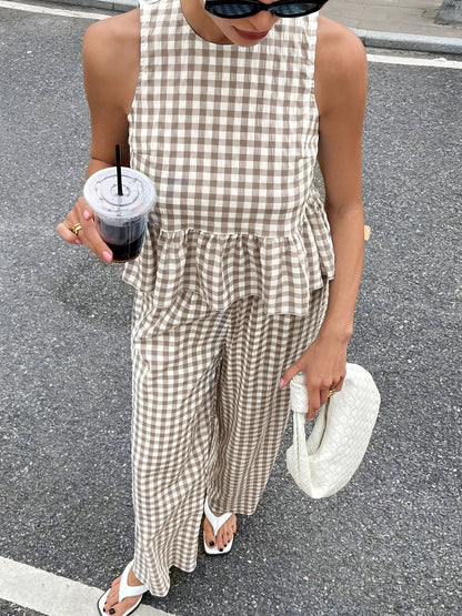 2 Pieces Gingham Crew Neck Sleeveless Ruffled Hem Top & Wide Leg Trousers Pants Set