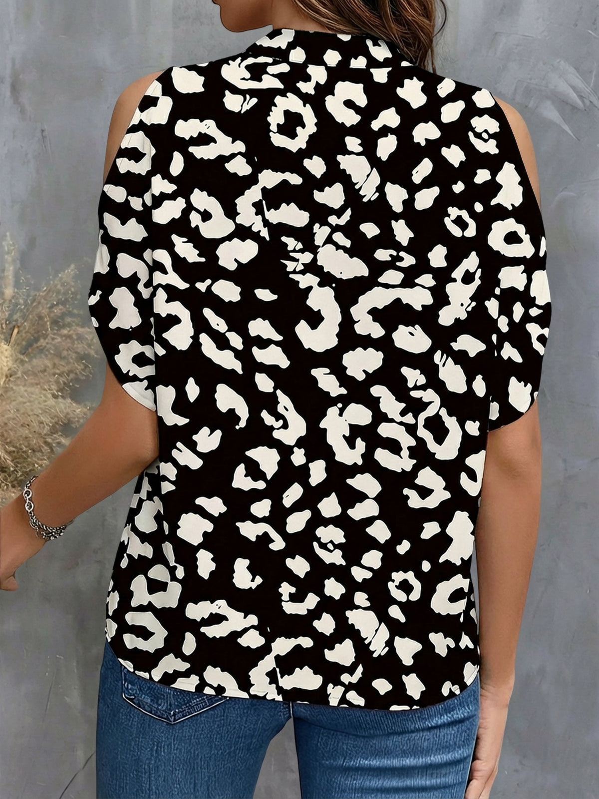 Leopard Print Cold Shoulder Short Sleeves Blouse