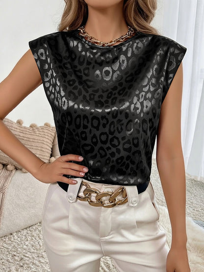 Leopard Print Satin Cap Sleeve Round Neck Blouse