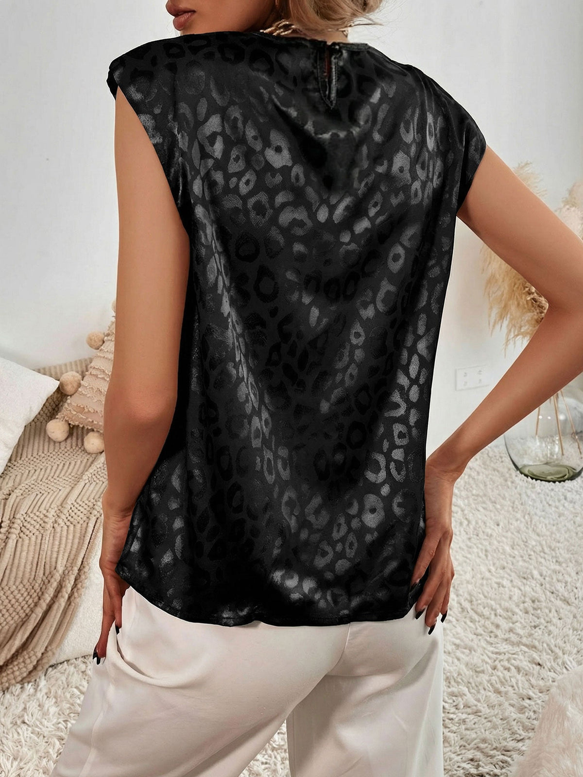 Leopard Print Satin Cap Sleeve Round Neck Blouse