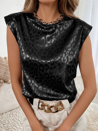 Leopard Print Satin Cap Sleeve Round Neck Blouse