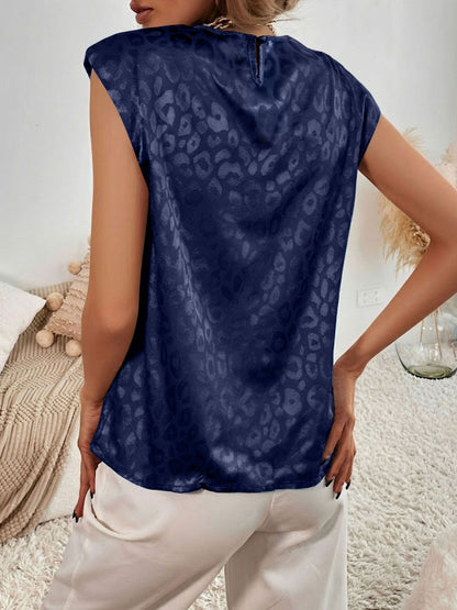 Leopard Print Satin Cap Sleeve Round Neck Blouse